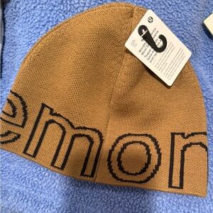 NWT Lululemon Tan Wordmark Merino Wool Skull Knit Beanie One Size